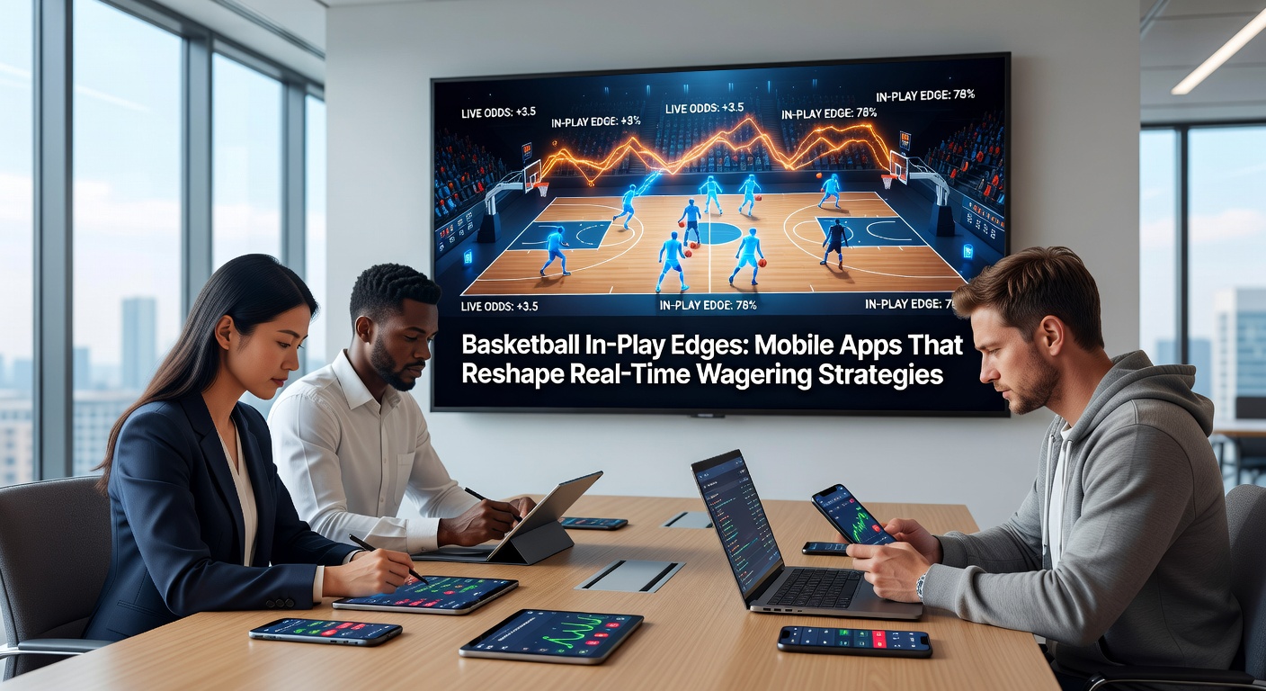 Close-up of a basketball court during a live NBA playoff game, with overlaid graphics showing mobile app notifications for in-play betting opportunities