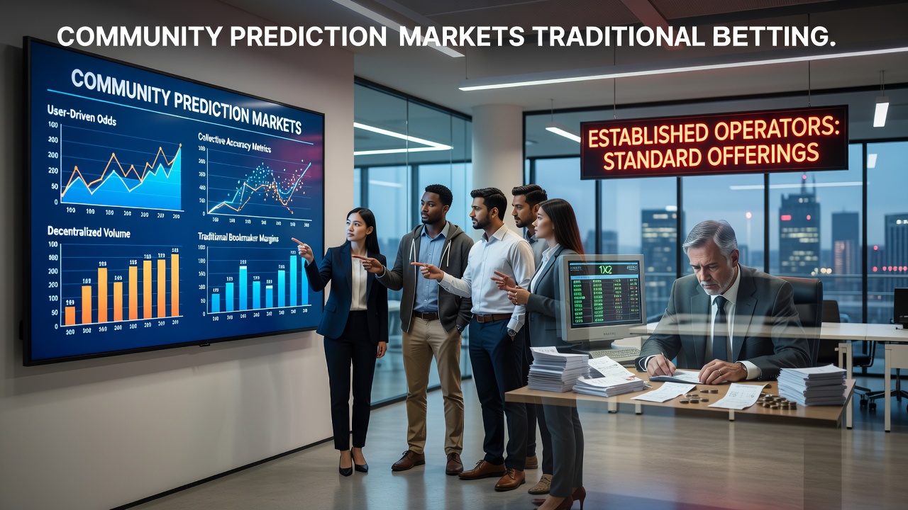Community prediction markets interface showing user-created football event pools and real-time odds adjustments
