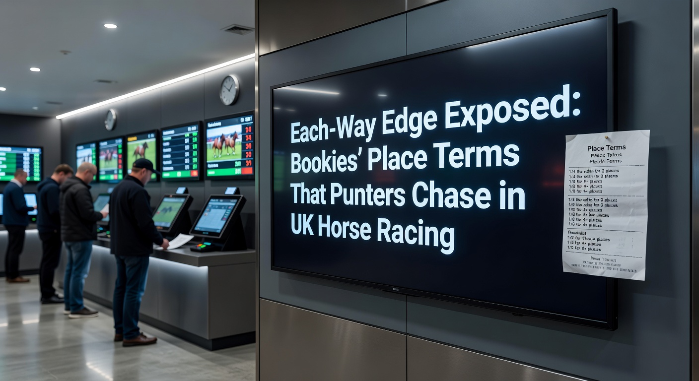 Close-up of a UK horse race finish with punters checking bookies' each-way place terms on mobile screens