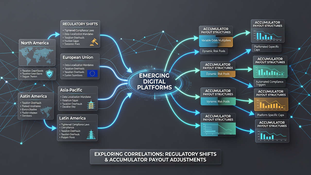 Digital interface showing accumulator bet structures on an emerging betting platform with regulatory compliance indicators
