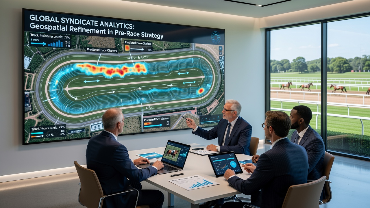 Geospatial mapping overlay showing terrain analysis at a professional horse racing track with data layers for elevation and surface conditions
