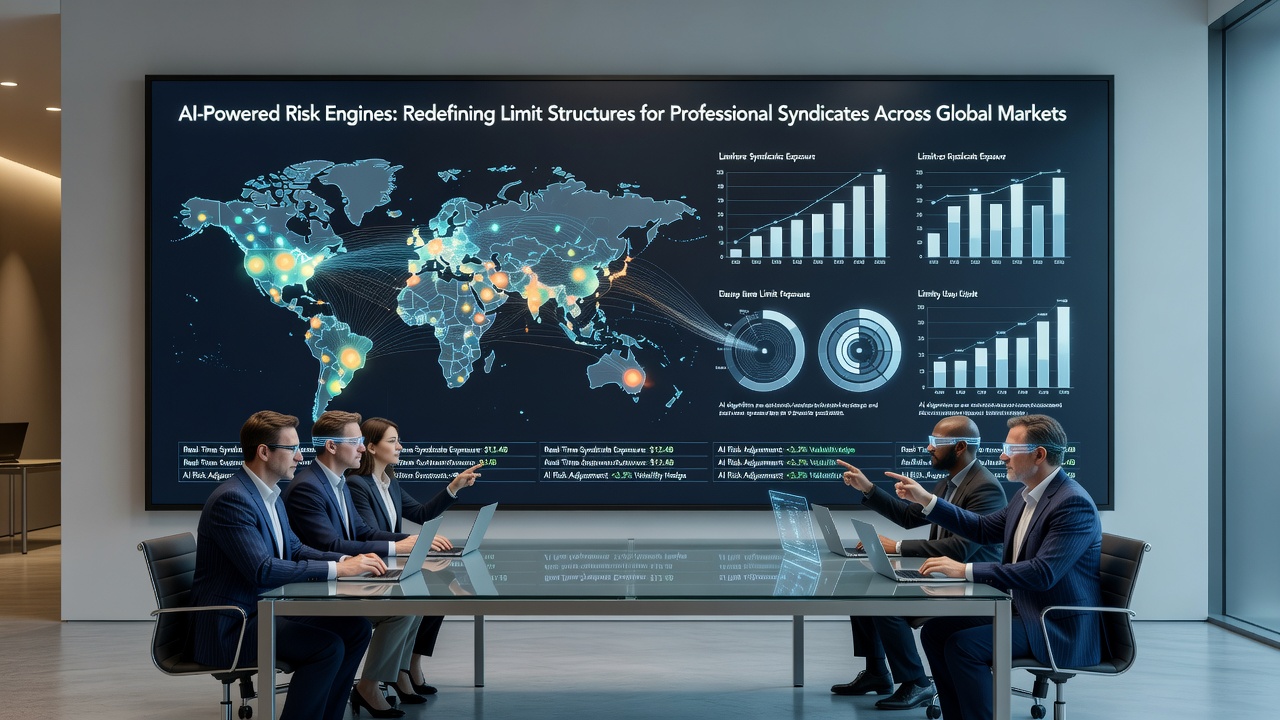 Syndicate trading floor with multiple screens showing AI-generated risk alerts and updated position limits