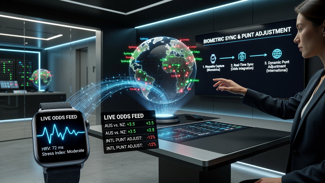 International punter reviewing synced biometric and odds data on a tablet during a live sports event