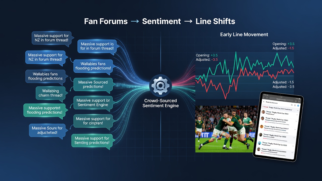 Bookmakers reviewing real-time forum sentiment data on multiple screens while adjusting rugby betting lines