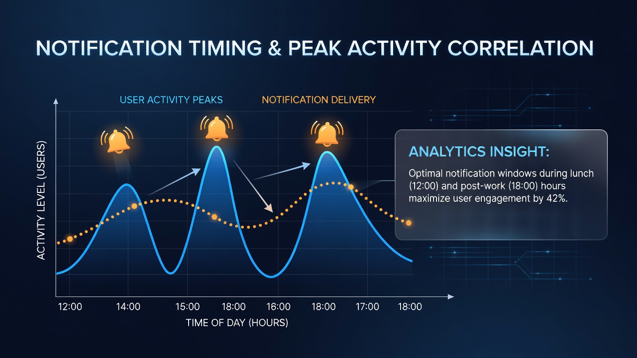 Graph displaying notification send times overlaid with user login and betting volume spikes across a 24-hour cycle