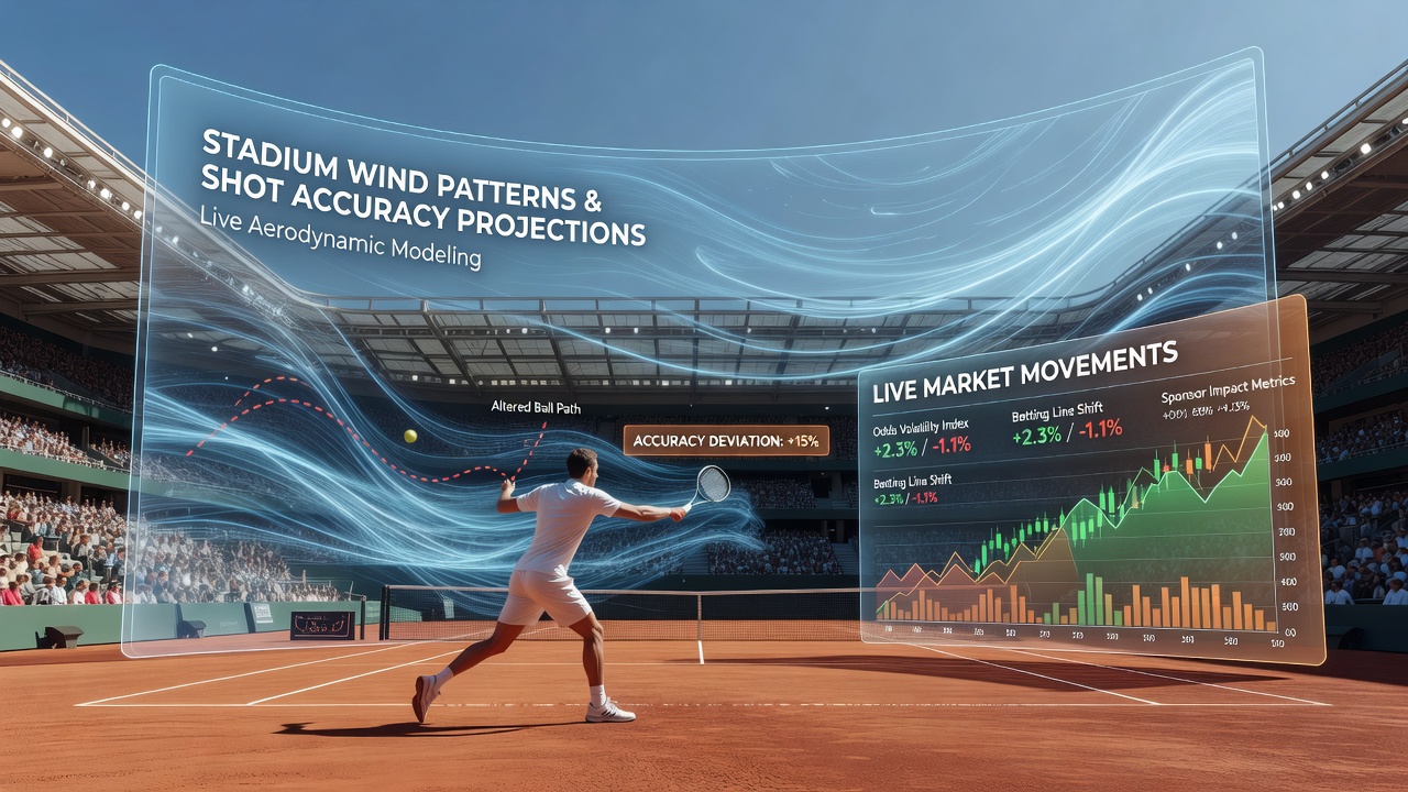 Wind gusts swirling through an open-air tennis stadium during a professional match