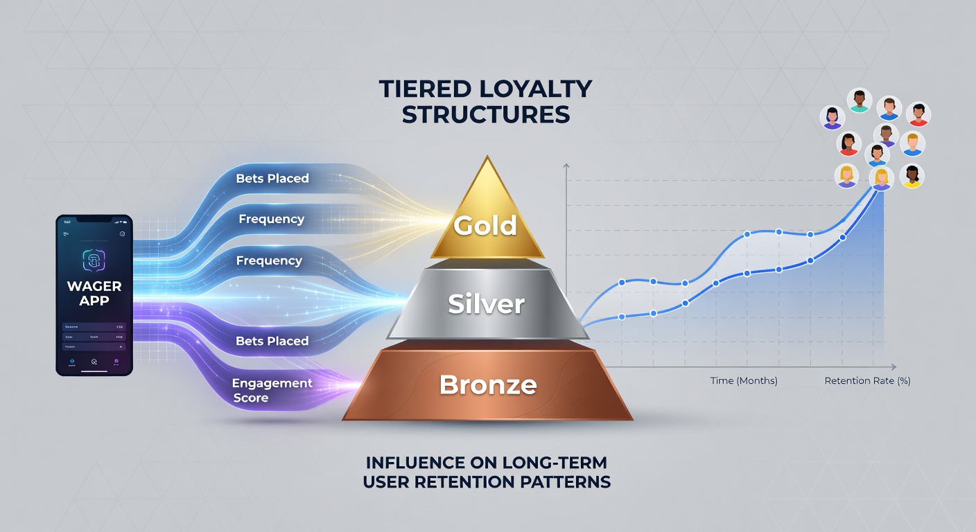 Illustration of tiered loyalty levels in a wagering app interface showing bronze silver and gold user progress bars