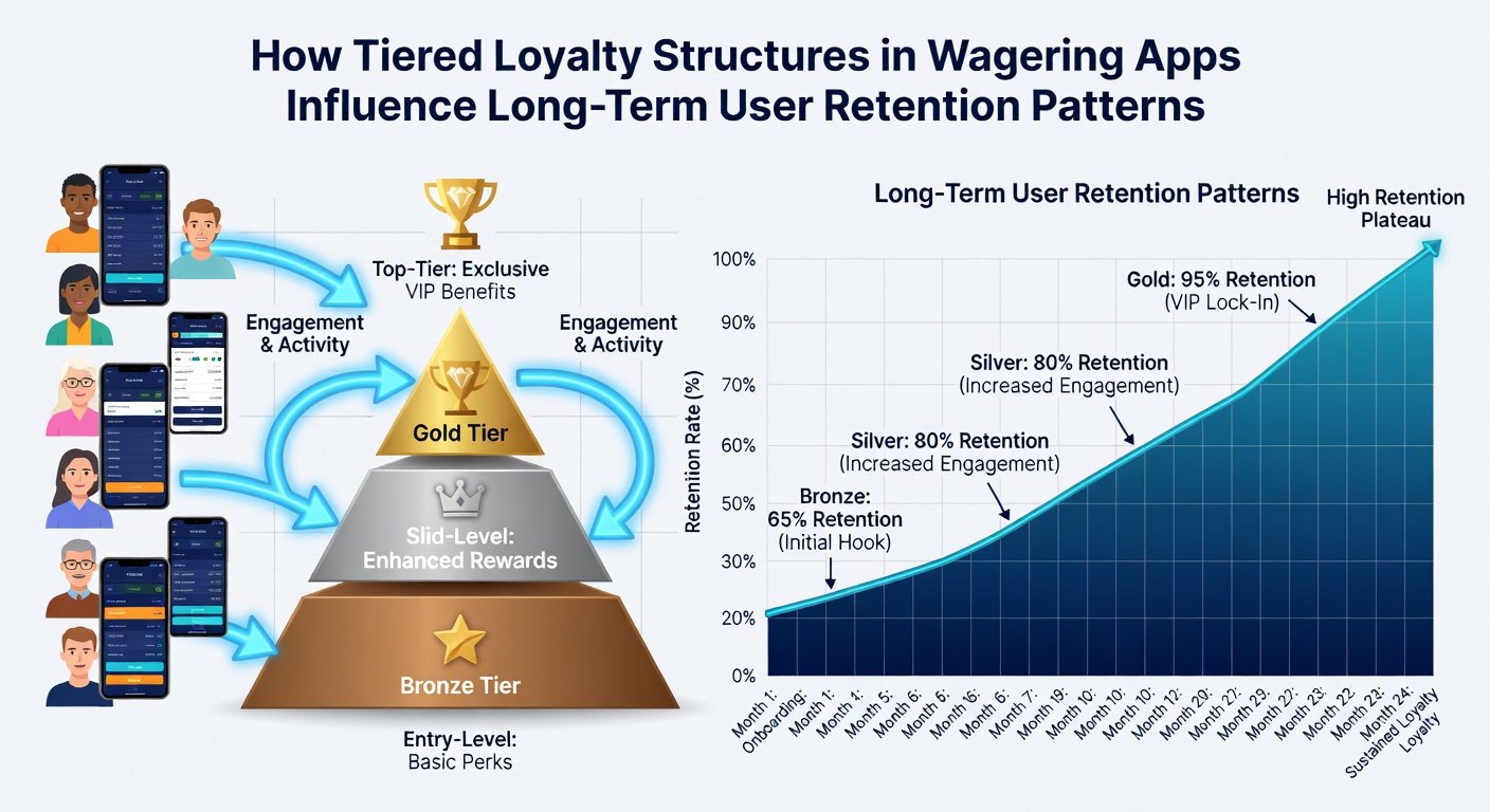Graph depicting user retention curves across different loyalty tiers over a 24-month period in wagering applications