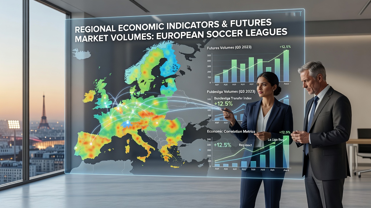 Map overlay of European regions with economic indicators and corresponding soccer futures volume data