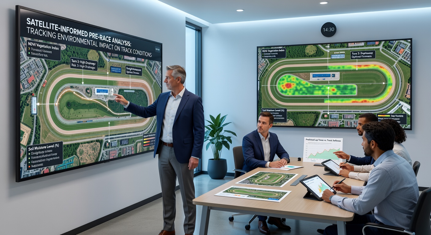 Syndicate analysts examining layered satellite maps and performance data on large monitors in a professional racing operations center